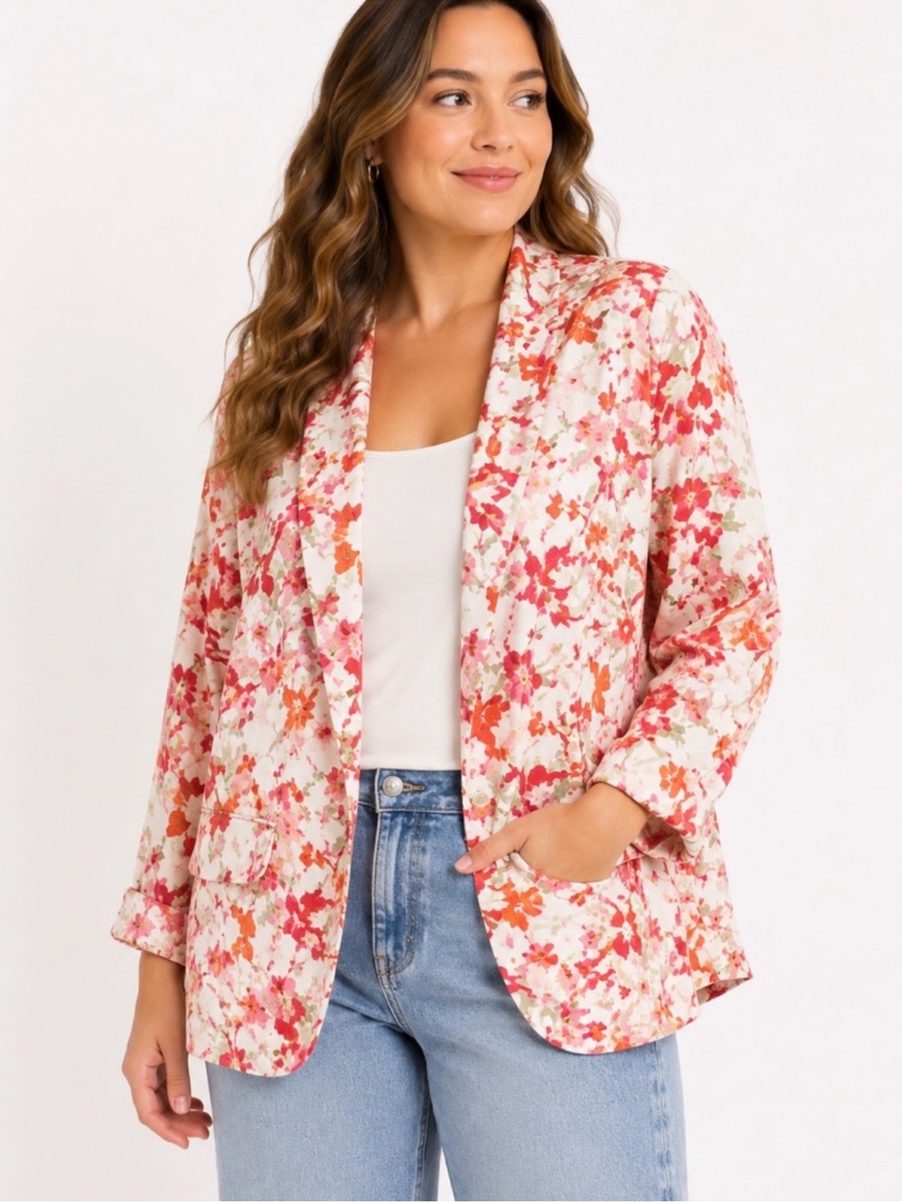 Peck & Peck 100% Linen Floral Blazer Jacket Pink Orange Size XL